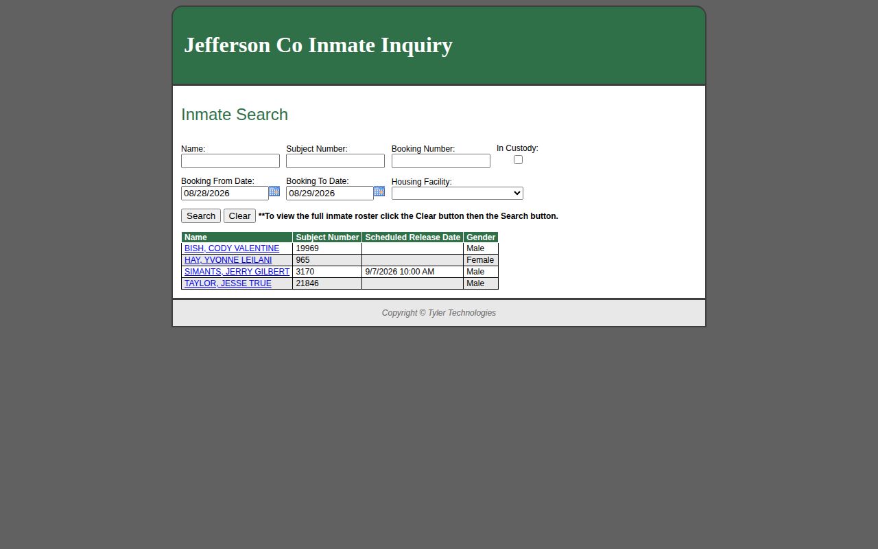 Jefferson County booking record and roster search interface