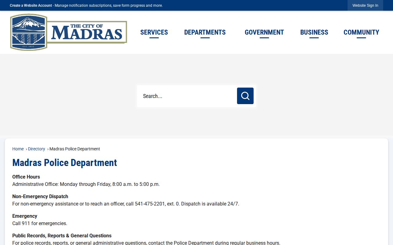 Madras Police Department directory for Madras arrest-record contact