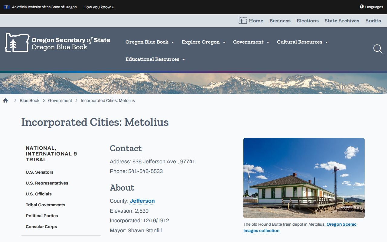 Official Oregon Blue Book page for the City of Metolius